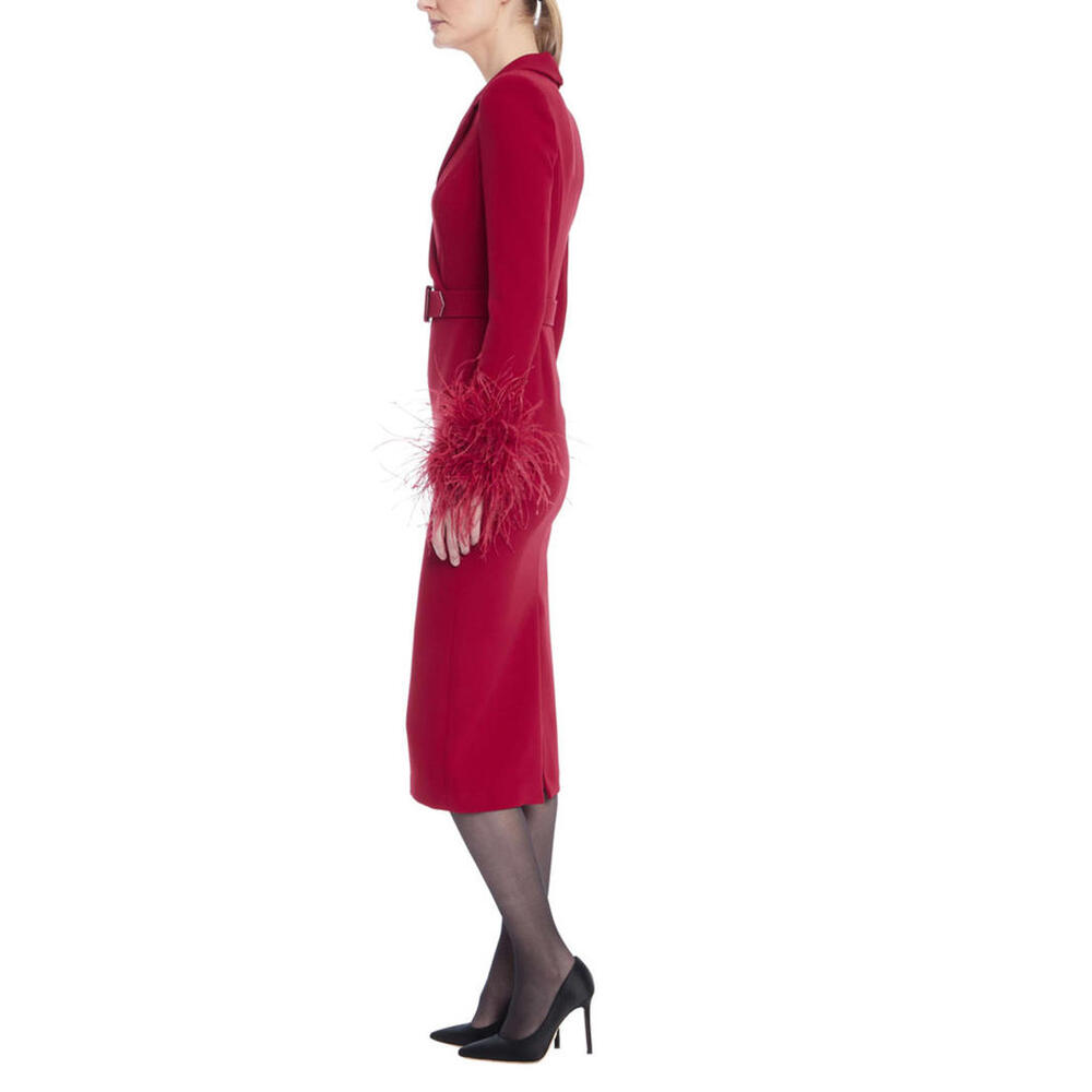 Badgley Mischka sz 0 Feather Trim Belted Sheath Long Sleeve Red Dress $700 - Picture 2 of 3